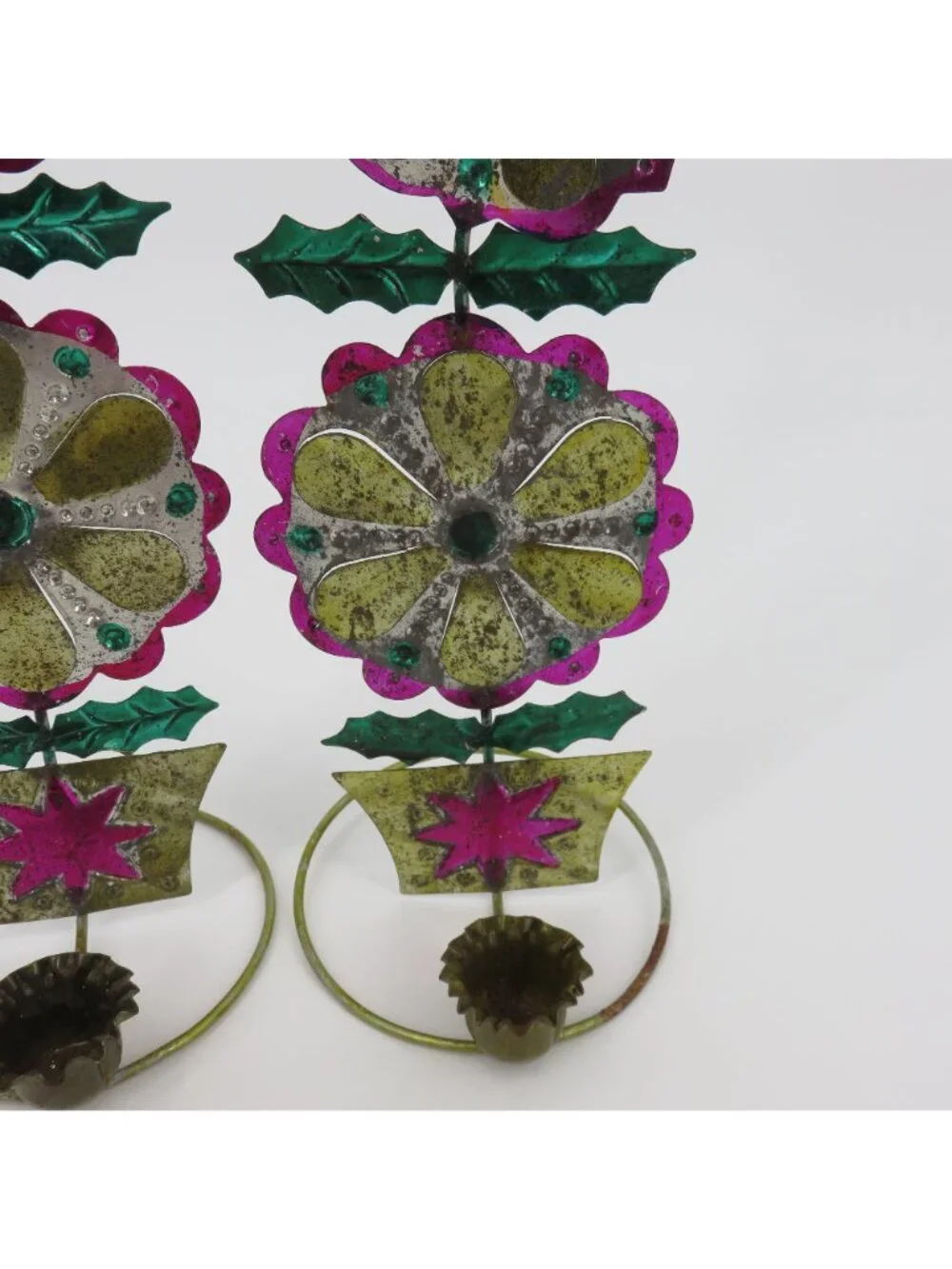 VTG Punch Tin Folk Art Pair 2 Candle Holders Pink Yellow Green Retro Christmas